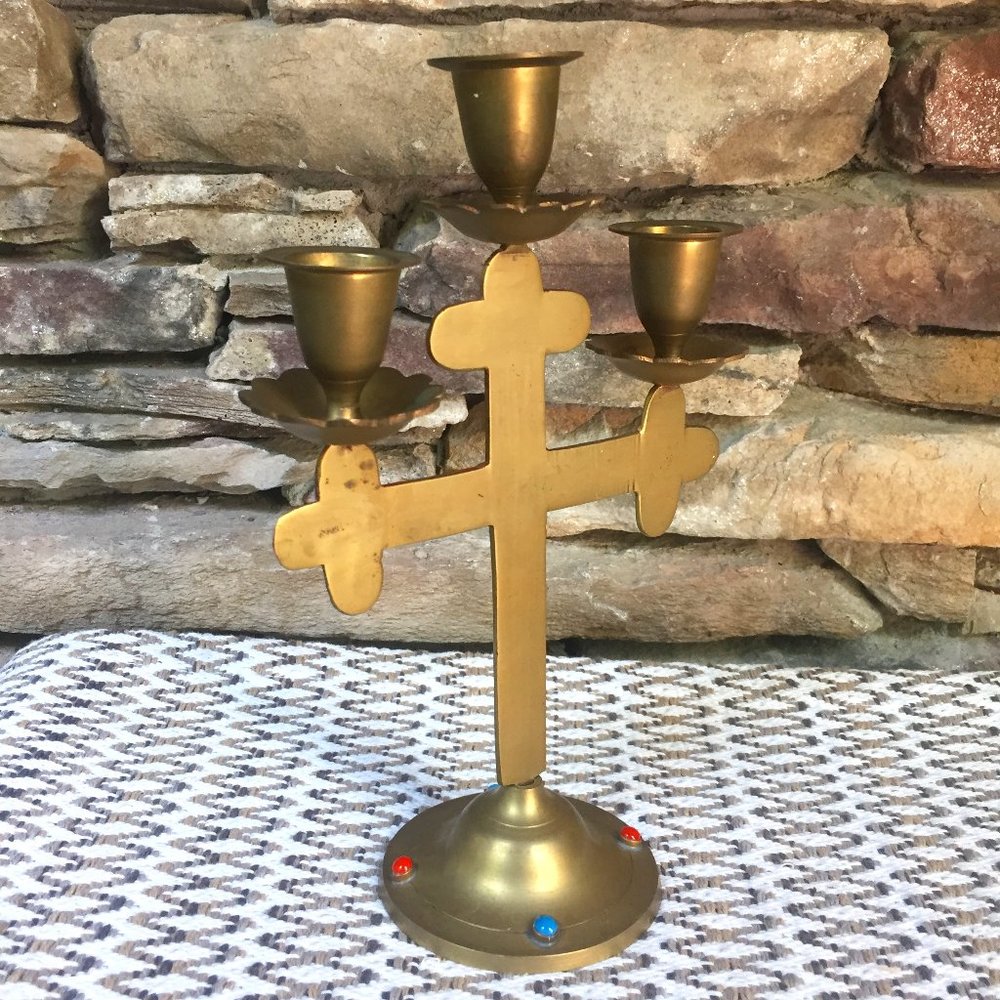 VTG Cabochons Cross Candelabra Boho Brass Religious Candle Holder Christian